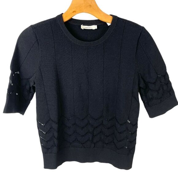 A.L.C. Black Short Sleeve Cropped Chevron Trim Sweater Size M - Picture 2 of 7